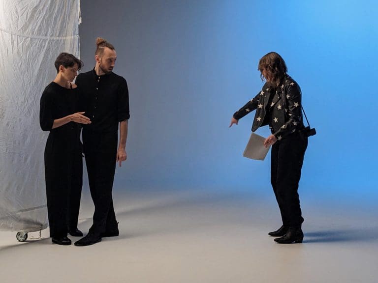 Director Lindsay Gauthier directing dancers Jakub Jakoubek and Emeline Rochefeuille during the filming of “Slow It Down."
