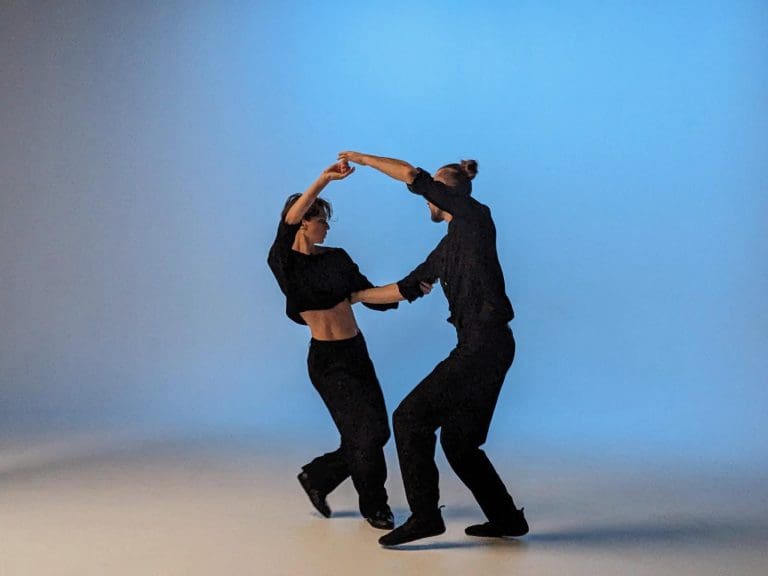 Jakub Jakoubek and Emeline Rochefeuille (J’Em) performing during the filming of "Slow It Down"